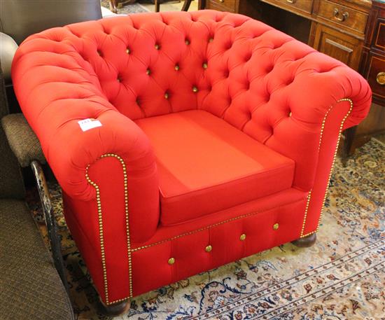 Red cloth Chesterfield armchair with Coldstream Guards buttons, one  off
